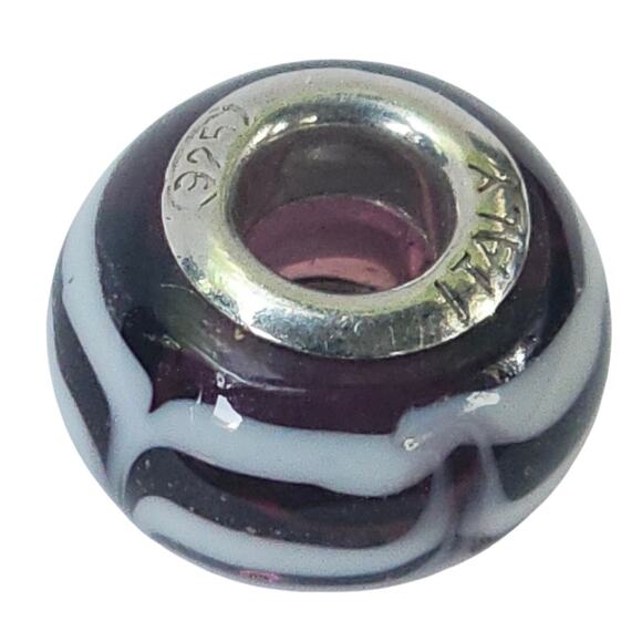 Bacio Murano Glass Sterling Silver 925 Burgundy White Marble Bracelet Charm Bead - Picture 3 of 3
